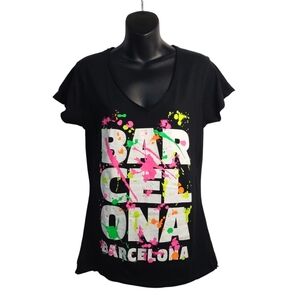 Safon Women's Barcelona Colorful Letters Black V-Neck T-Shirt Size Large